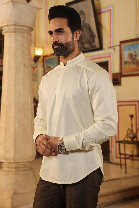 Raw & Rustic By Niti Bothra_Yellow Cotton Embroidery Mandarin Collar Straight Kurta Shirt _Online_at_Aza_Fashions