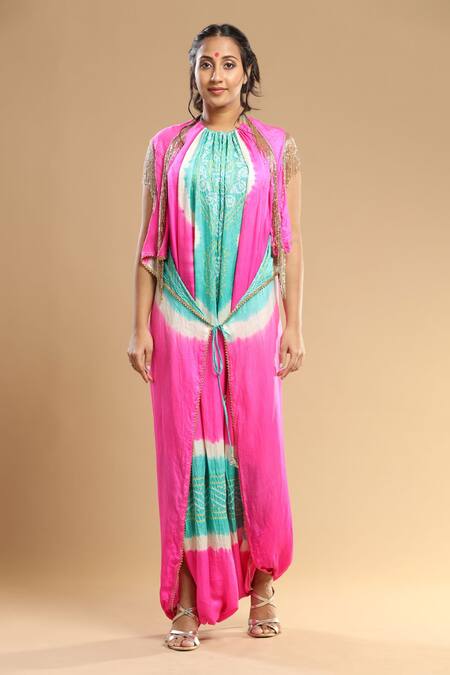 Etasha By Asha Jain_Green Silk Embroidery Bandeau Neck Bandhani Pattern Embellished Jumpsuit _Online_at_Aza_Fashions