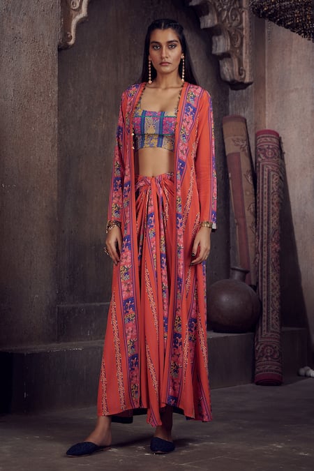 Affroz_Coral Viscose, Crepe Embroidery, Metallic Thread Print Jacket And Draped Skirt Set _Online_at_Aza_Fashions