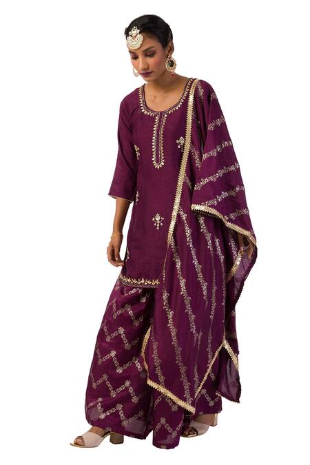 Meghna Shah Wine Denim Beads, Stones Round Neck Embroidered Kurta With Printed Palazzo Set Online at Aza Fashions Meghna Shah_Wine Denim Beads, Stones Round Neck Embroidered Kurta With Printed Palazzo Set _Online_at_Aza_Fashions