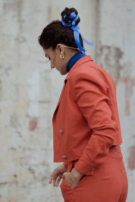 Betrue_Orange Cotton, Linen Embroidery Collared Double Breasted Jacket And Culottes Set _Online_at_Aza_Fashions