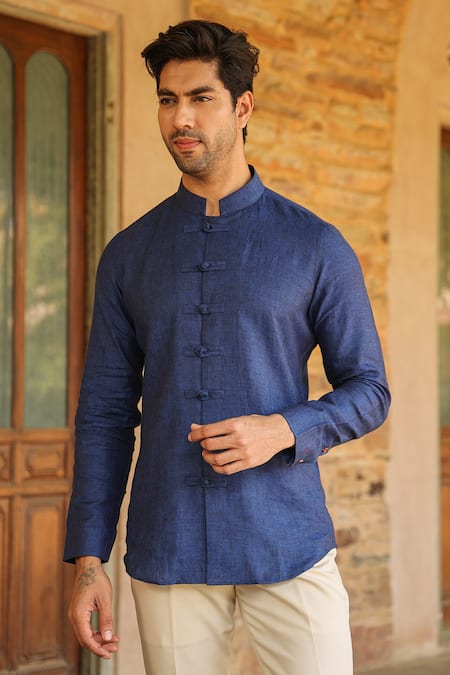 Raw & Rustic by Niti Bothra_Blue Linen Embroidery Handcrafted Straight Shirt _Online_at_Aza_Fashions