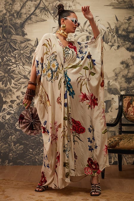 Kalista_Ivory Crepe Beads V-neck Lauren Botanical Pattern Kaftan _Online_at_Aza_Fashions