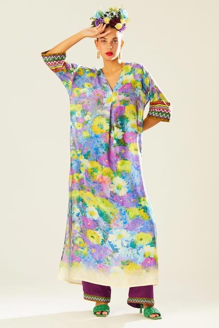 Rajdeep Ranawat_Purple Satin Plain Paloma Printed Hem Pant  _Online_at_Aza_Fashions