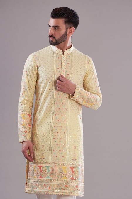 Kasbah_Ivory Georgette, Cotton Sequins, Embroidery Paisley And Floral Thread Kurta_Online_at_Aza_Fashions