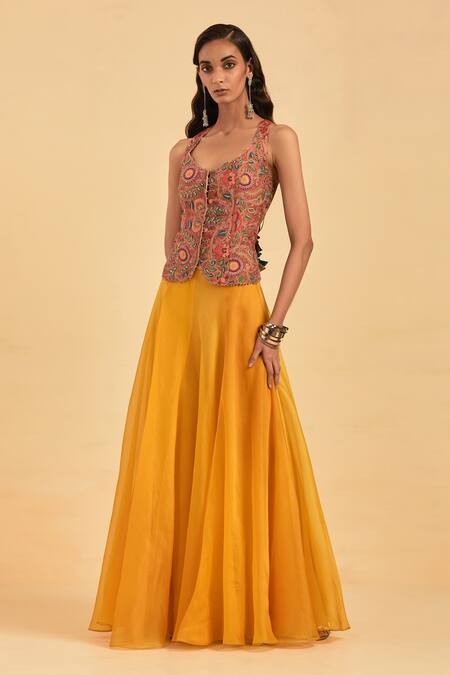 Aum By Asit And Ashima_Orange Organza Embroidery Flower Vine V Neck Corset With Skirt _Online_at_Aza_Fashions