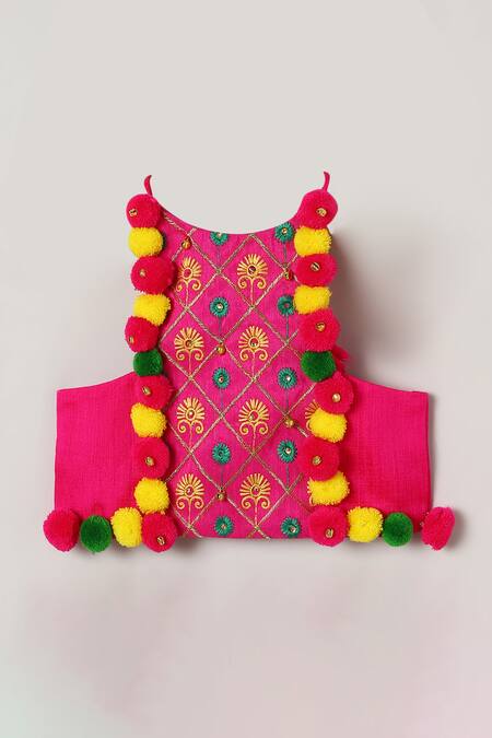 Byb Premium_Fuchsia Silk, Tulle Pom-poms, Embroidery Embellished Halter Top Skirt Set_Online_at_Aza_Fashions