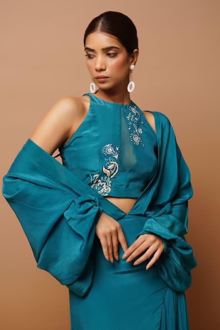 Ahi Clothing Blue Crepe, Net Zari, Cut Work, Embroidery Halter Long Gown With Hand Bustier Online at Aza Fashions Ahi Clothing_Blue Crepe, Net Zari, Cut Work, Embroidery Halter Long Gown With Hand Bustier _Online_at_Aza_Fashions