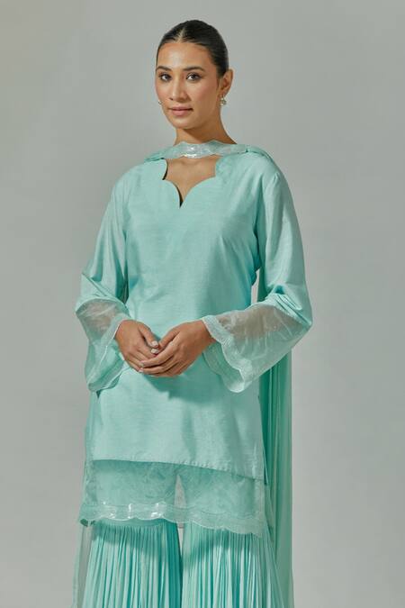 House Of TA-YA Blue Chanderi, Georgette, Chiffon Embroidery Sweetheart Hand Kurta Gharara Set Online at Aza Fashions House Of TA-YA_Blue Chanderi, Georgette, Chiffon Embroidery Sweetheart Hand Kurta Gharara Set _Online_at_Aza_Fashions