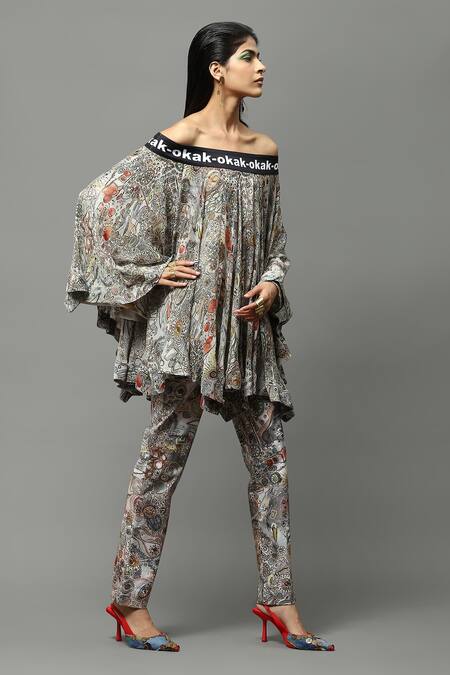 Buy AK-OK Multi Color Chiffon, Lycra One Shoulder Abstract Print Off Top And Pant Set Online at Aza Fashions Buy_AK-OK_Multi Color Chiffon, Lycra One Shoulder Abstract Print Off Top And Pant Set _Online_at_Aza_Fashions