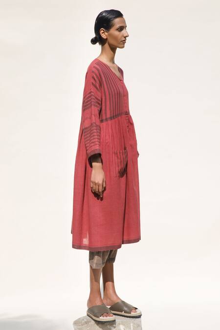 Urvashi Kaur_Red Cotton V-neck Misty Stripe Pattern Dress _Online_at_Aza_Fashions