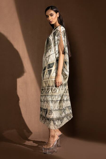 Abhishek Sharma White Poly Georgette Geometric Asymmetric Print Draped Dress Online at Aza Fashions Abhishek Sharma_White Poly Georgette Geometric Asymmetric Print Draped Dress _Online_at_Aza_Fashions