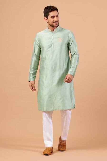 Hilo Design_Green Cotton, Silk, Lycra Embroidery Amil Kurta Set _Online_at_Aza_Fashions