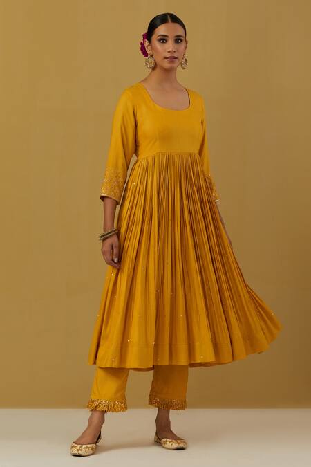 Shop Ikshita Choudhary Yellow Cheese Cotton Embroidered Round Full Sleeve Anarkali And Pant Set at Aza Fashions Shop_Ikshita Choudhary_Yellow Cheese Cotton Embroidered Round Full Sleeve Anarkali And Pant Set_at_Aza_Fashions