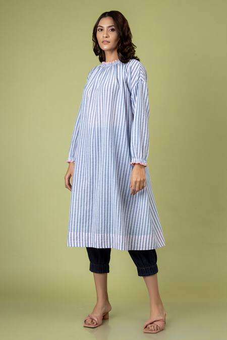 Doodlage_Blue Upcycled Cotton Striped Round Jaylen Tunic_Online_at_Aza_Fashions