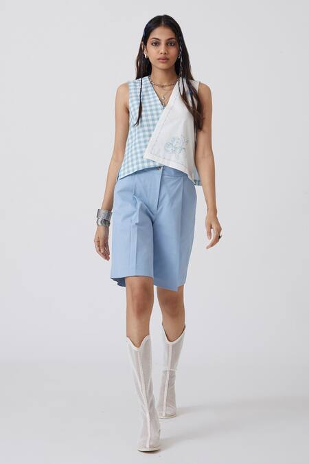 The Summer House_Blue Handloom Cotton Embroidery V-neck Hera Gingham Pattern Overlap Top_Online_at_Aza_Fashions