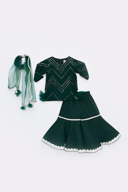 Fayon Kids_Green Net, Silk Pearls, Embroidery Mirror Work Kurta Sharara Set _Online_at_Aza_Fashions