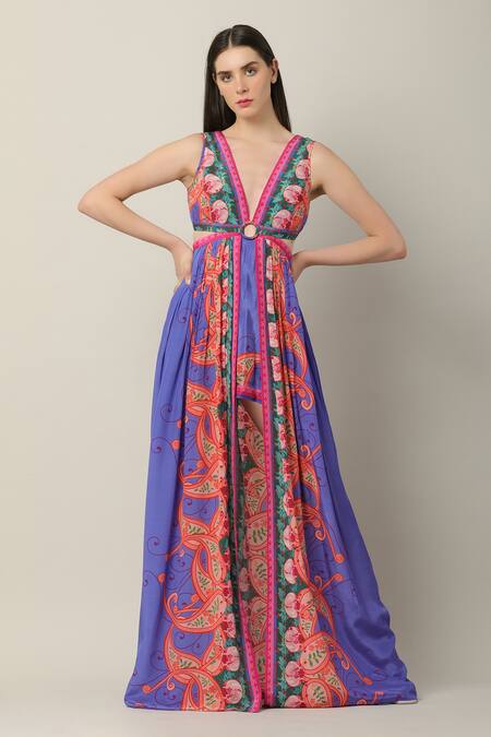 Limerick By Abirr N' Nanki Multi Color Crepe V-neck Shaye Printed Playsuit Maxi Online at Aza Fashions Limerick By Abirr N' Nanki_Multi Color Crepe V-neck Shaye Printed Playsuit Maxi _Online_at_Aza_Fashions