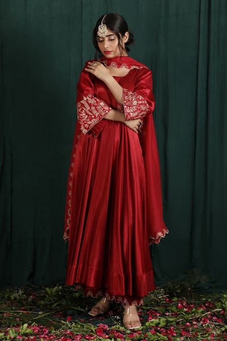 The Aarya_Red Silk, Maheshwari Zari, Embroidery Placement Floral Anarkali And Palazzo Set _Online_at_Aza_Fashions