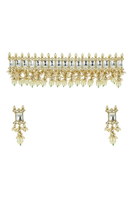 Ishhaara Gold Plated Pearls, Diamonds Embellished Choker Set Online at Aza Fashions Ishhaara_Gold Plated Pearls, Diamonds Embellished Choker Set _Online_at_Aza_Fashions