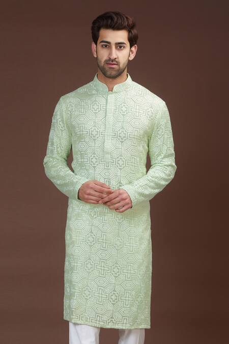 Kasbah_Green Georgette Embroidery Chikankari Mandarin Collar Kurta_Online_at_Aza_Fashions
