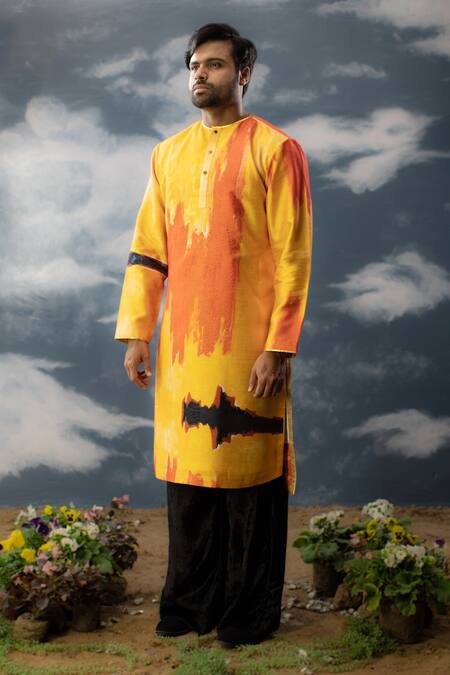 Saksham & Neharicka_Yellow Silk Embroidery Printed And Kurta_Online_at_Aza_Fashions