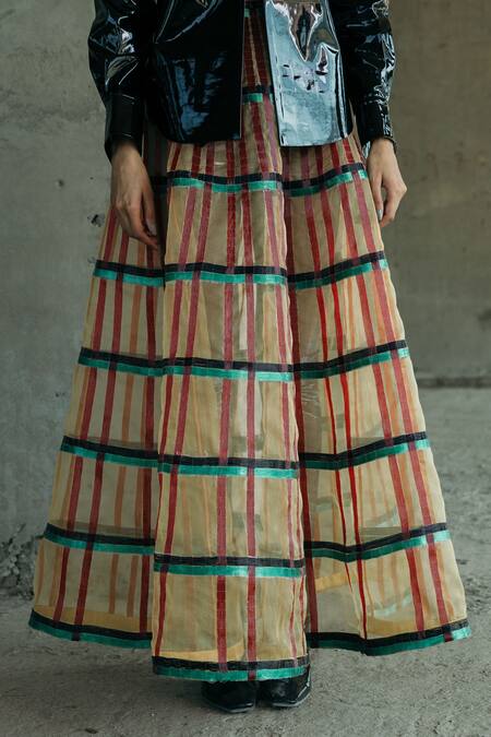 Akhl_Gold 100% Silk Organza Glass Embroidered Circular Skirt _Online_at_Aza_Fashions