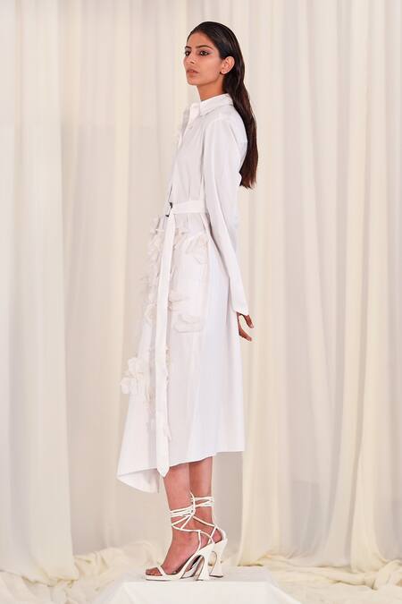 AK-OK_White Cotton Embroidery Collared Floral Applique Shirt Dress _Online_at_Aza_Fashions