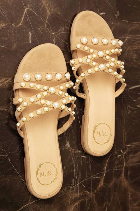 Myra_Beige Pearl Embellished Velvet Flats_Online_at_Aza_Fashions
