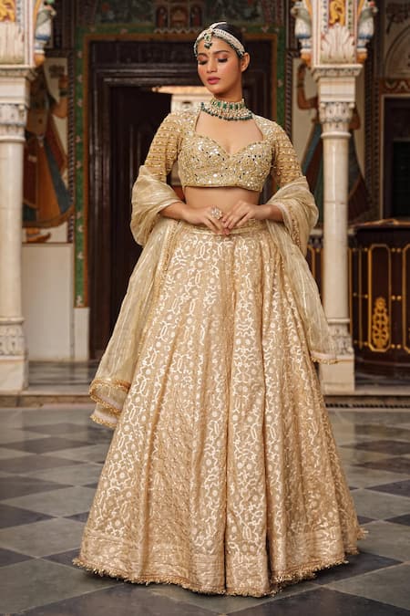 Buy_Neha Khullar_Beige Organza, Net, Chanderi Silk Woven Geometric Pattern Bridal Lehenga Set _Online_at_Aza_Fashions