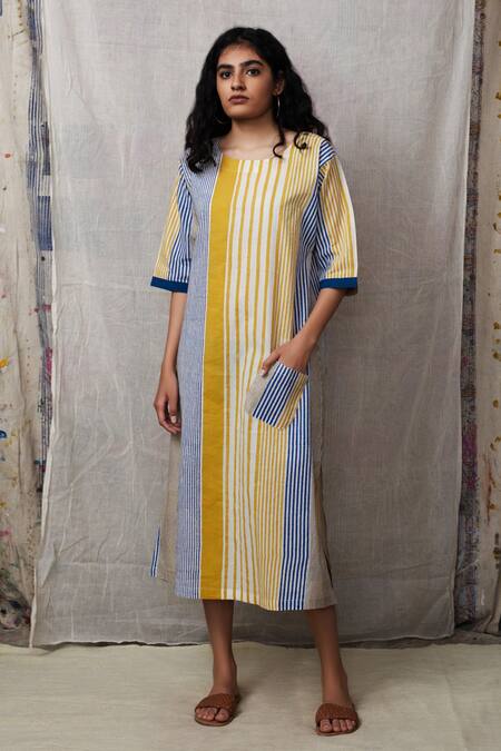 Banana Labs Blue Cotton Stripe Round Printed Kurta Set Online at Aza Fashions Banana Labs_Blue Cotton Stripe Round Printed Kurta Set _Online_at_Aza_Fashions