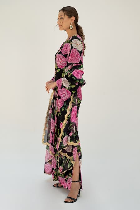 Buy_Sanam_Black Silk Organza Embroidery Brigitte Floral Pattern Long Kurta With Dupatta _Online_at_Aza_Fashions