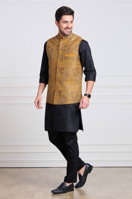 Taroob_Yellow Pashmina, Wool Embroidery Bundi_Online_at_Aza_Fashions