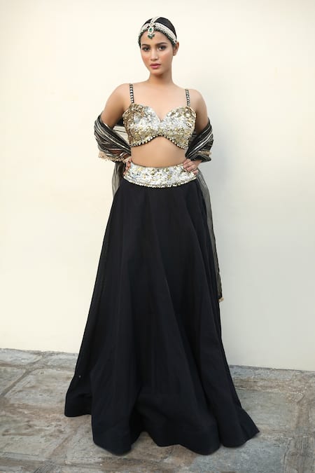 Neha Khullar_Black Chanderi Silk, Organza, Crepe Sequins, Zari Hand Work Blouse Lehenga Set _Online_at_Aza_Fashions
