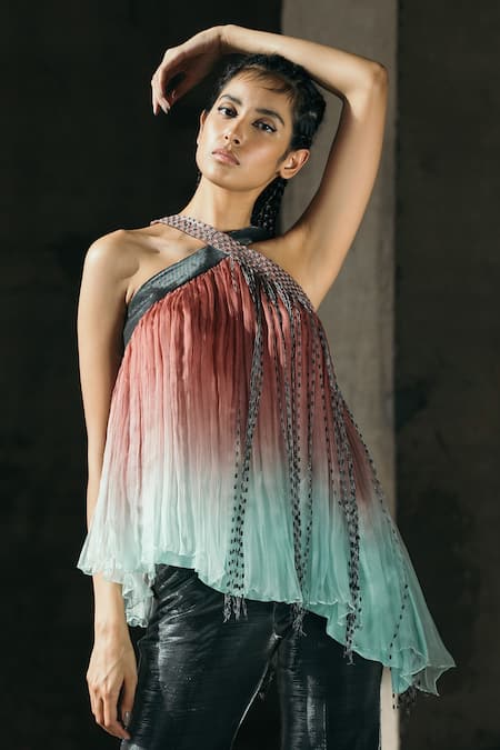 Akhl_Green Silk Organza, Viscose Fringe Halter Neck Ombre Top _Online_at_Aza_Fashions