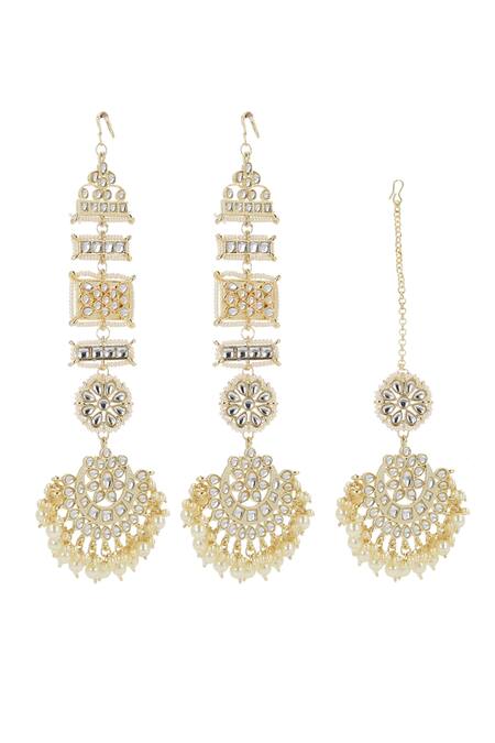 Ishhaara Gold Plated Stones, Kundan Geometric Floral Chandbali Earring And Maangtikka Online at Aza Fashions Ishhaara_Gold Plated Stones, Kundan Geometric Floral Chandbali Earring And Maangtikka _Online_at_Aza_Fashions