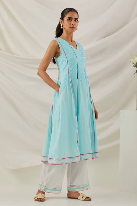 The Indian Cause_Blue Cotton Piping, Embroidery Round Neck Mastani Kalidar Kurta Palazzo Set_Online_at_Aza_Fashions