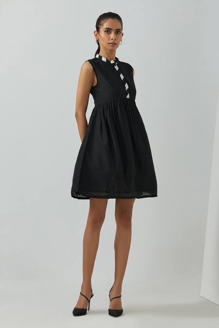 The Indian Cause Black Chanderi Bandeau Neck Amore Placket Short Dress Online at Aza Fashions The Indian Cause_Black Chanderi Bandeau Neck Amore Placket Short Dress_Online_at_Aza_Fashions