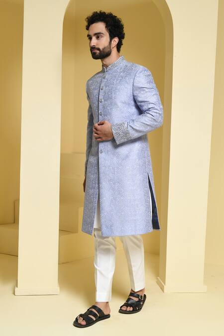 Kustomeyes_Blue Silk Embroidery Floral Sherwani Set _Online_at_Aza_Fashions