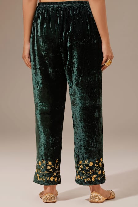 Anantaa By Roohi_Green Velvet Floral Embroidered Palazzo Pant _Online_at_Aza_Fashions