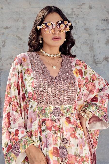 Nikita Vishakha_Purple V-neck Floral Printed Kaftan Set With Pant _Online_at_Aza_Fashions