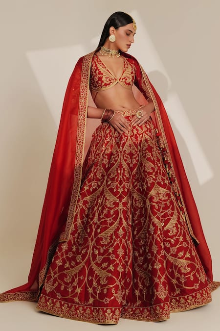 Taisha_Red , Organza Zari, Sequins V-neck Jaal Embroidered Bridal Lehenga Set _Online_at_Aza_Fashions