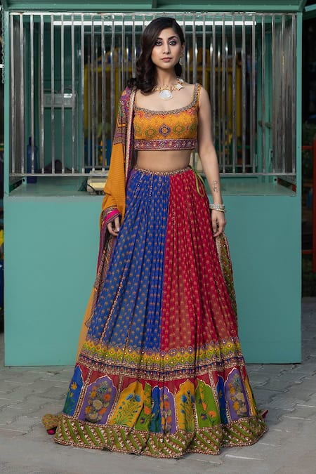 Irrau By Samir Mantri Multi Color Georgette, Net Sequins, Cut Work, Mughal Print Panelled Lehenga Set Online at Aza Fashions Irrau By Samir Mantri_Multi Color Georgette, Net Sequins, Cut Work, Mughal Print Panelled Lehenga Set _Online_at_Aza_Fashions