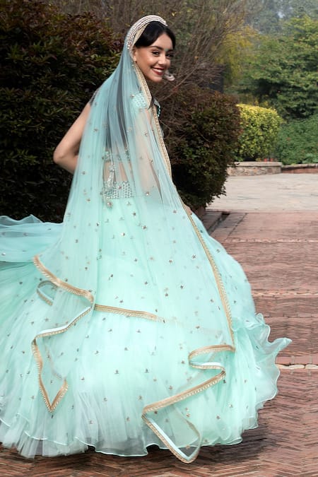 Shop Keerthi Kadire Blue Raw Silk, Organza Scoop Neck Embroidered Lehenga Set at Aza Fashions Shop_Keerthi Kadire_Blue Raw Silk, Organza Scoop Neck Embroidered Lehenga Set _at_Aza_Fashions