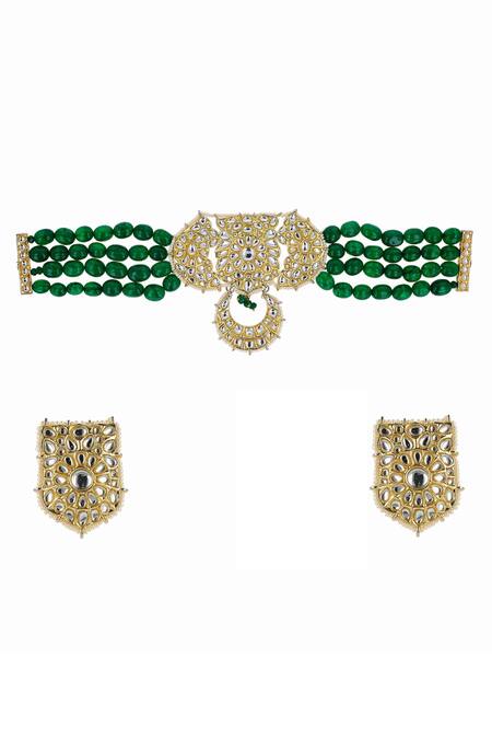 Ishhaara_Green Stones Flower Embellished Choker Necklace Set_Online_at_Aza_Fashions