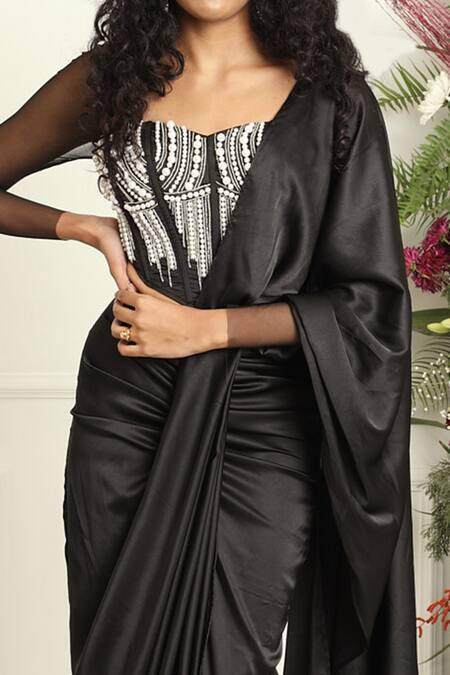 Saanjh By Lea_Black Silk Aalia Pleated Pre-stitched Saree _Online_at_Aza_Fashions