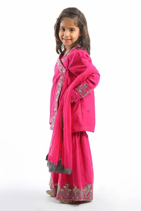 Bal Bachche By Rohit Bal_Fuchsia Chanderi Embroidered Floral Angrakha Sharara Set_Online_at_Aza_Fashions