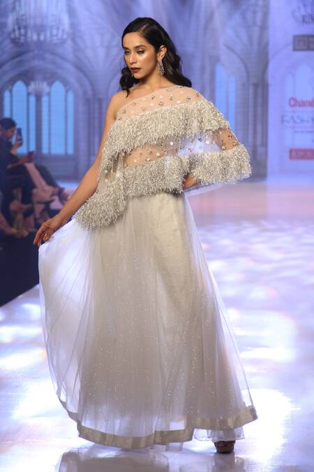 Rina Dhaka_Silver Silk Embroidery Beads And Fur One Shoulder Cape & Lehenga Set_Online_at_Aza_Fashions