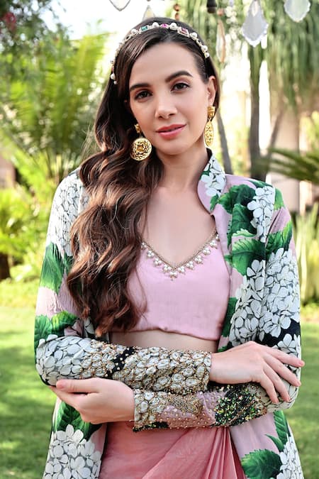 Sanam_Beige Silk, Organza Gabriella Floral Pattern Jacket And Draped Skirt Set _Online_at_Aza_Fashions