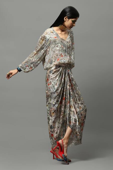 Buy_AK-OK_Multi Color Lycra, Chiffon, Satin Abstract Print Sweatshirt Draped Skirt Set _Online_at_Aza_Fashions